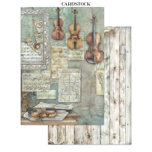 Cardstock with violin design featuring music notes and vintage elements on a wooden background.