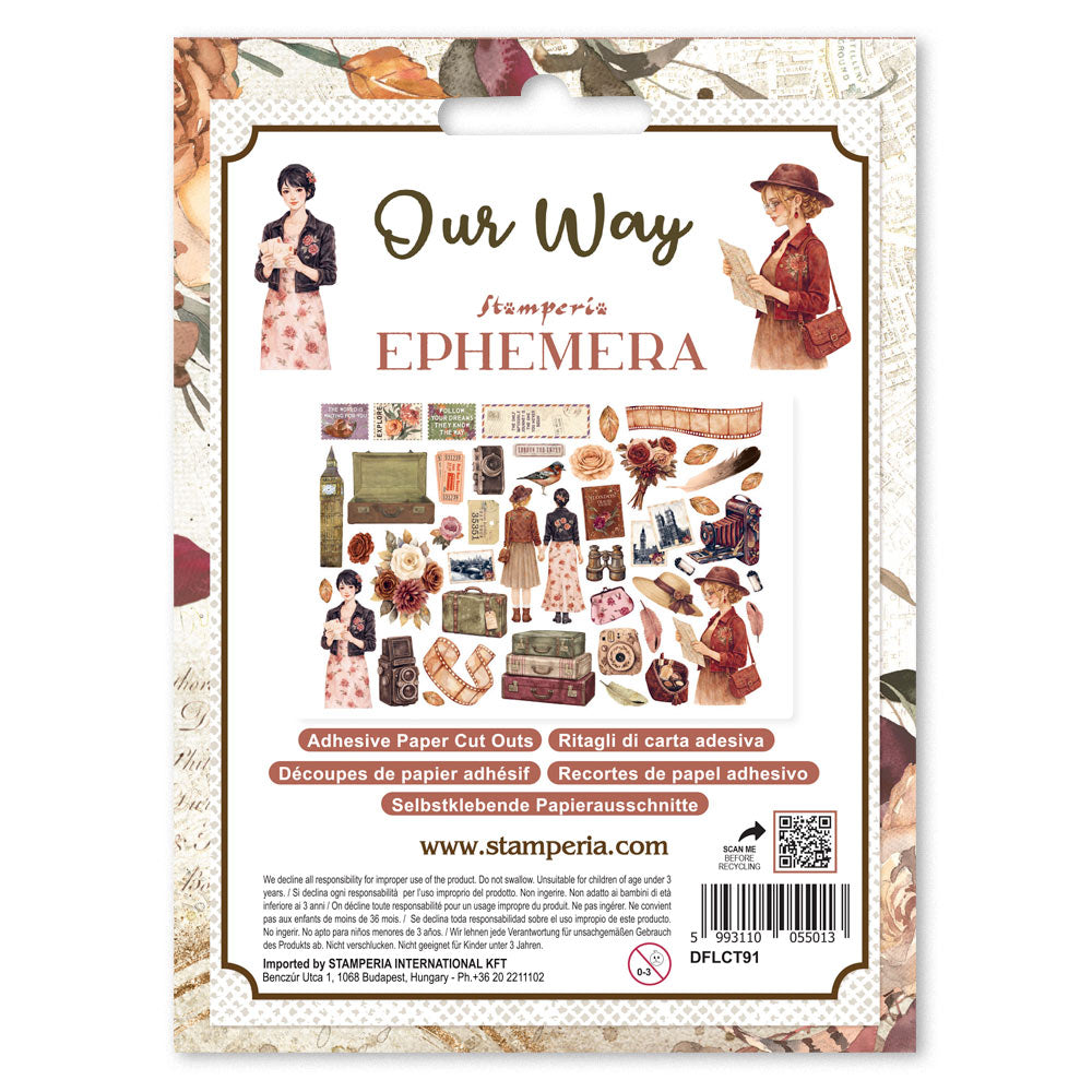 Stamperia Our Way Adhesive Ephemera: 300 gsm peel-and-stick die cuts with vintage cameras, roses, and London travel pieces.