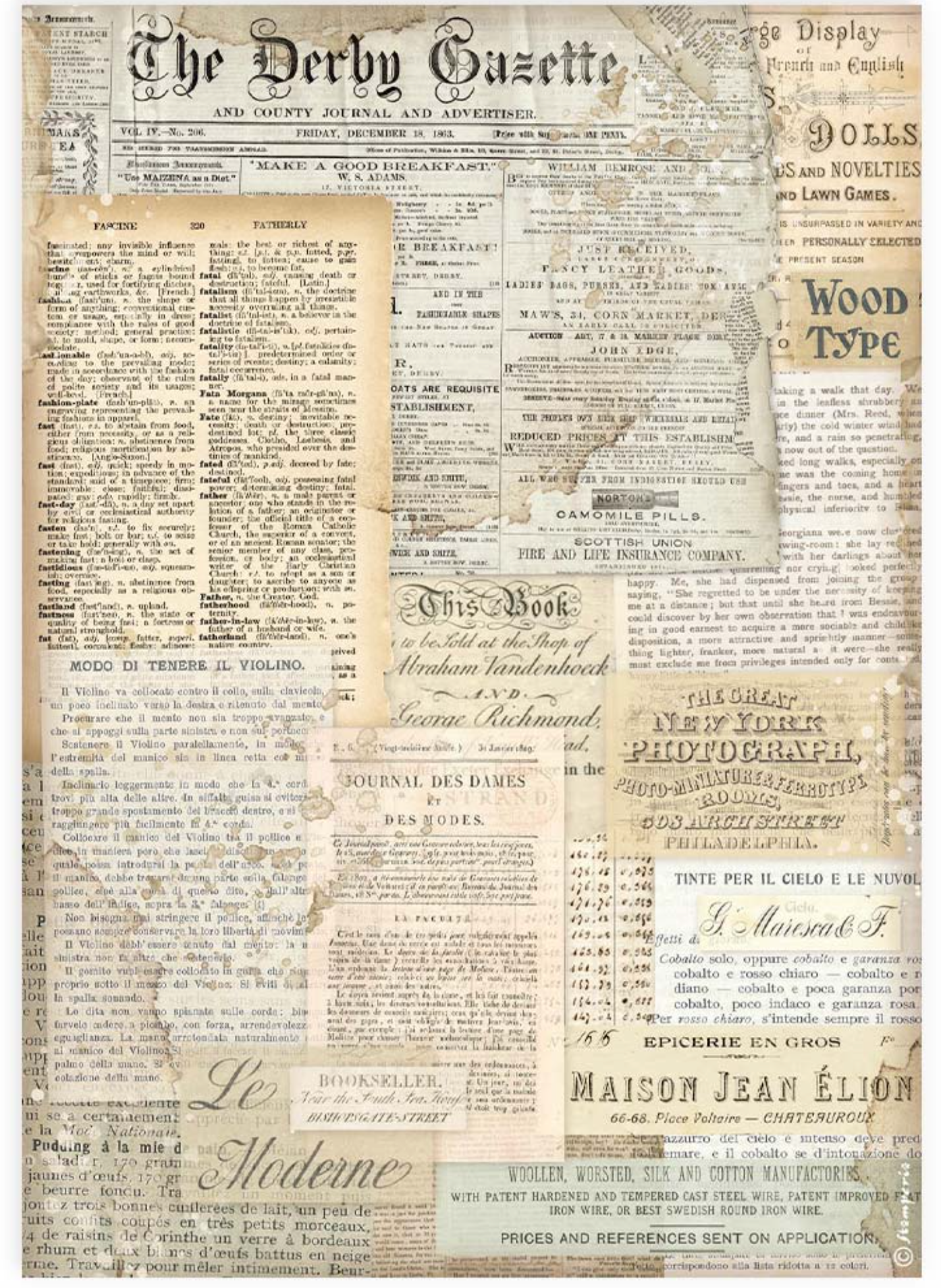 Vintage newspaper-style background with text and wood type