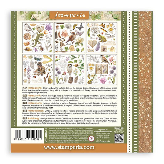 Back of a Stamperia product packaging with nature-themed designs and text.