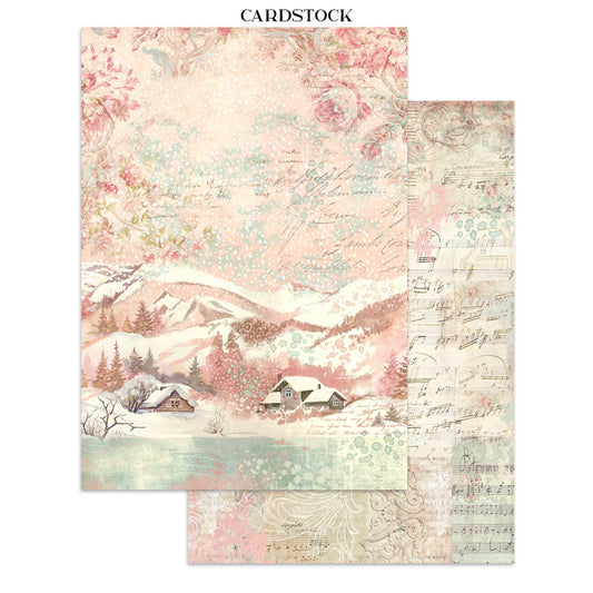 Two pieces of cardstock with a scenic design featuring mountains and a lake.