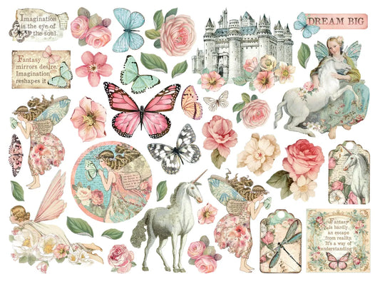 Collection of vintage-style stickers with fairies, unicorns, flowers, and butterflies on a white background.
