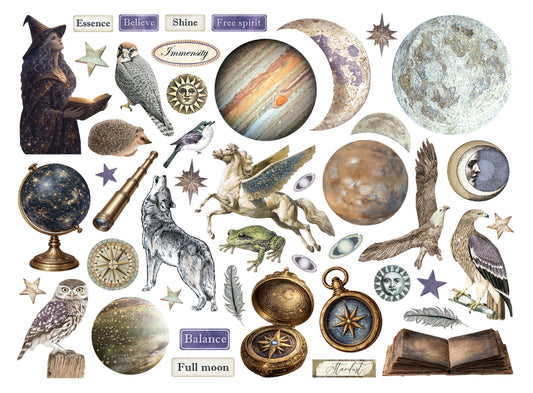 A sheet of vintage-style illustrated stickers or decals featuring celestial and nature motifs, including planets, moons, stars, birds, a compass, a pocket watch, an owl, a wolf, a horse, and an open book, arranged on a white background with small text labels.