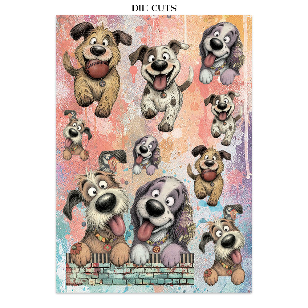 A sheet of cartoon dog paper die-cuts on a textured pastel background with the text 'DIE CUTS' at the top. The stickers feature various spotted and brown dogs in playful poses against a pink, orange, and blue distressed backdrop.