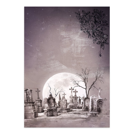 Gothic cemetery scene with moonlit sky and decorative roses.