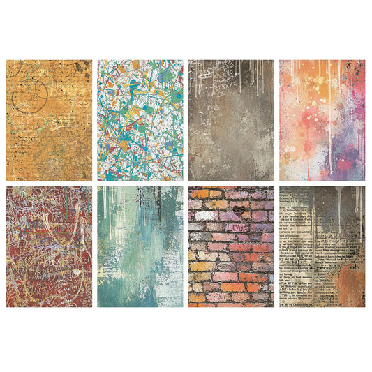 A set of eight vertical rice paper prints in a 2x4 grid on a white background. Each print features a different distressed abstract design: gold with script, splattered paint, textured gray, pink and purple paint wash, red and white graffiti, teal brushstrokes, a brick wall with a heart, and vintage book text.