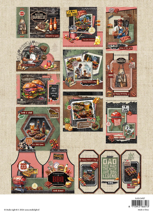 Collection of BBQ-themed product packaging on a textured fabric background