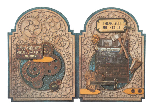 Decorative greeting card with mechanical design and text on a white background