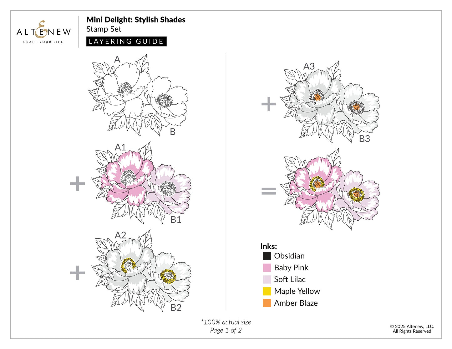Layering guide for a floral stamp set with ink color options on a white background.