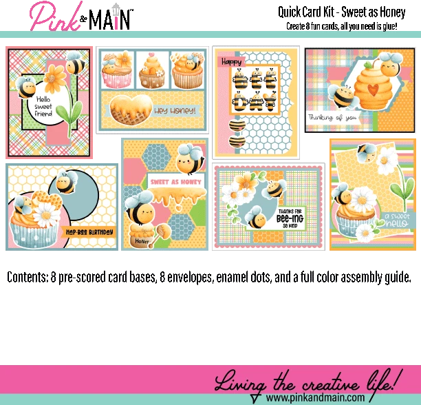 Set of colorful greeting cards with bee and honey theme, featuring pre-scored card bases and envelopes.