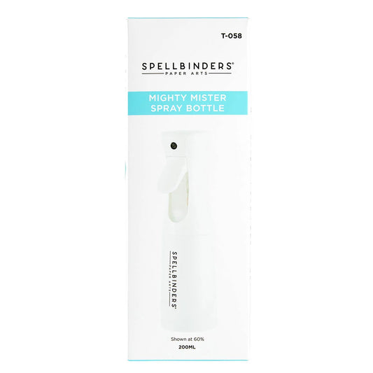 Spellbinders Mighty Mister Spray Bottle packaging box, featuring a white box with a light blue banner and a printed illustration of the spray bottle.