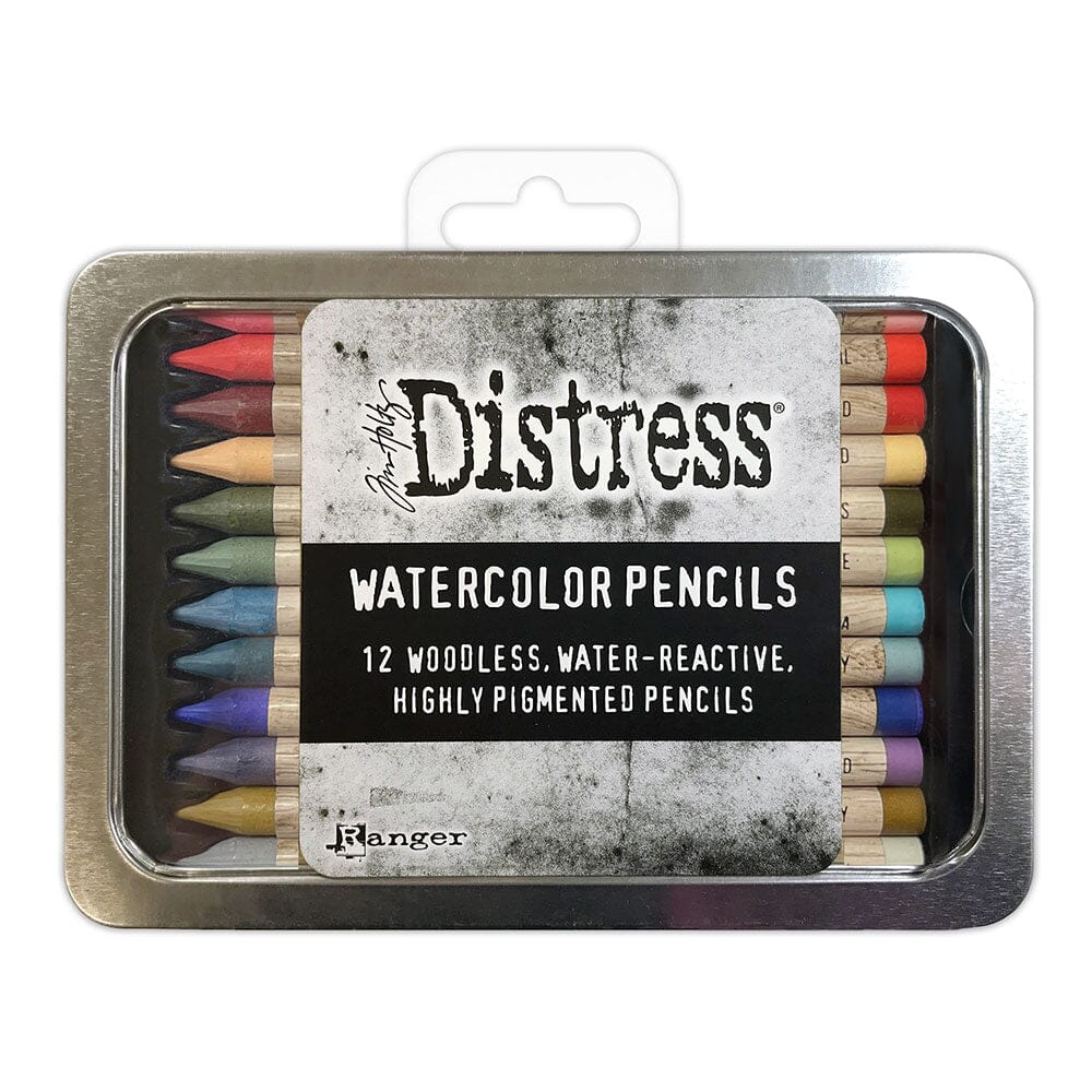 Set of Distress watercolor pencils in a tin packaging on a white background