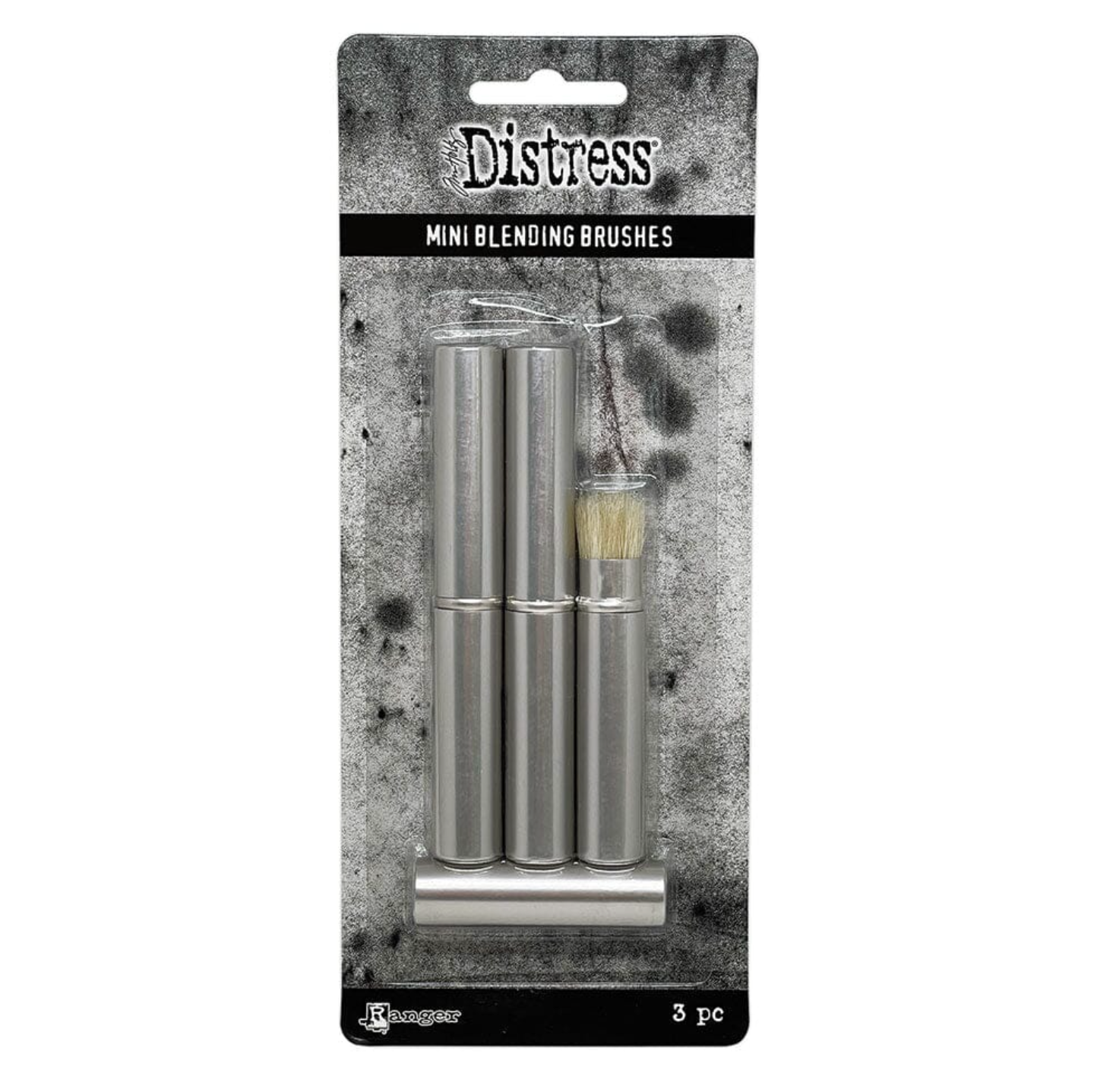 Packaging of Distress mini blending brushes with a black and white design.