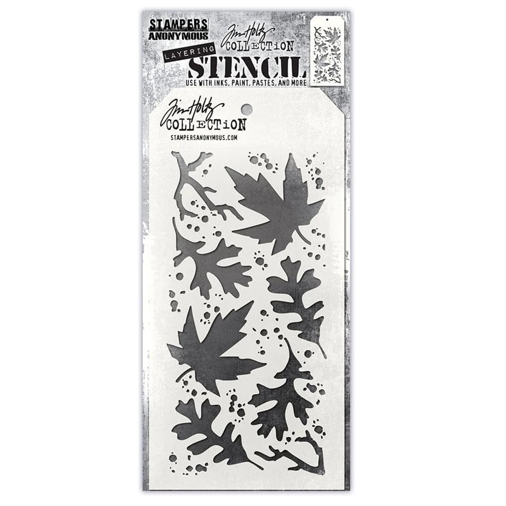 Tim Holtz Stampers Autumn leaves layering Stencil Collection leaf stencil sheet, featuring black maple and oak leaf stencils with splatter details on a white backing card.