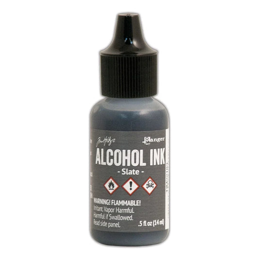 A bottle of Ranger Tim Holtz Alcohol Ink in the shade Slate, featuring a black cap and a dark slate-gray bottle with a white and black label.