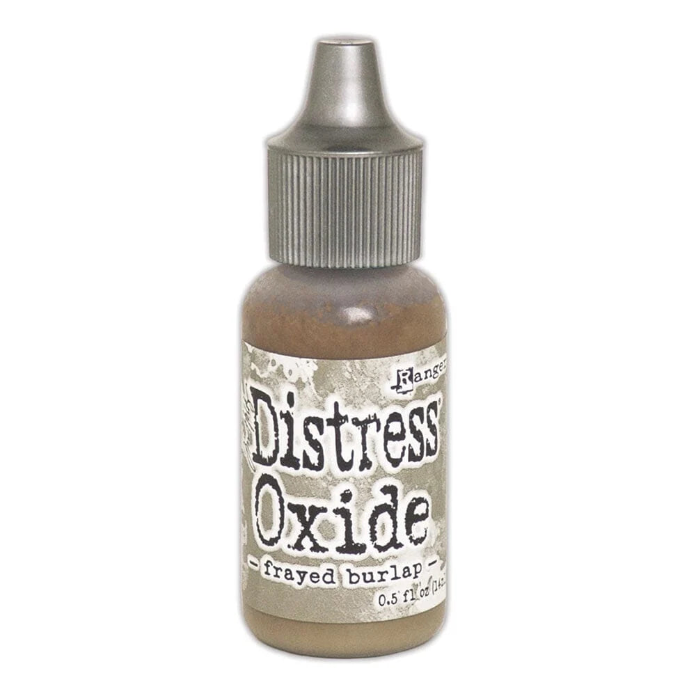A small bottle of Ranger Distress Oxide ink in the shade 'frayed burlap', featuring a distressed beige label and a metallic silver cap, set against a plain white background.