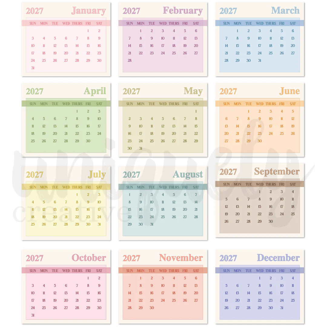 12 calendars for 2027 january through december on colored paper