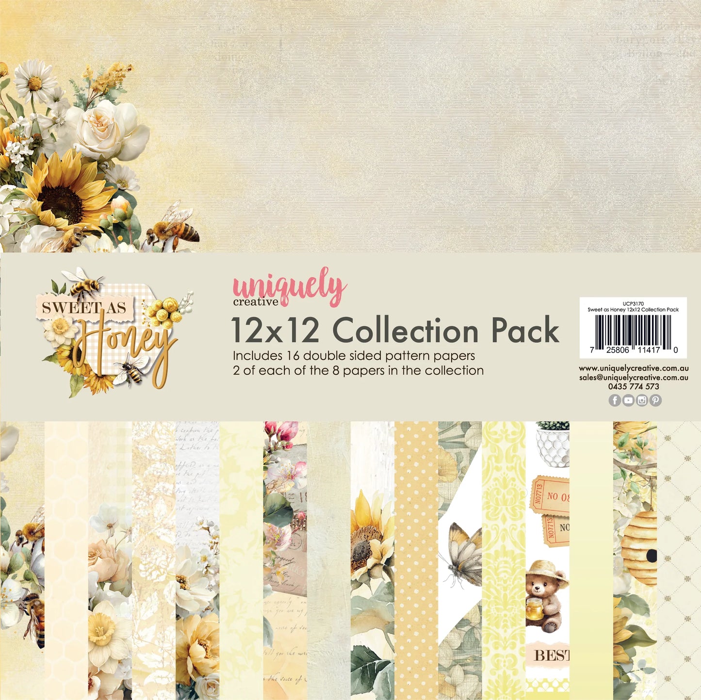 sweet as honey bee and sunflower floral paper in pack with samples of paper inserts.