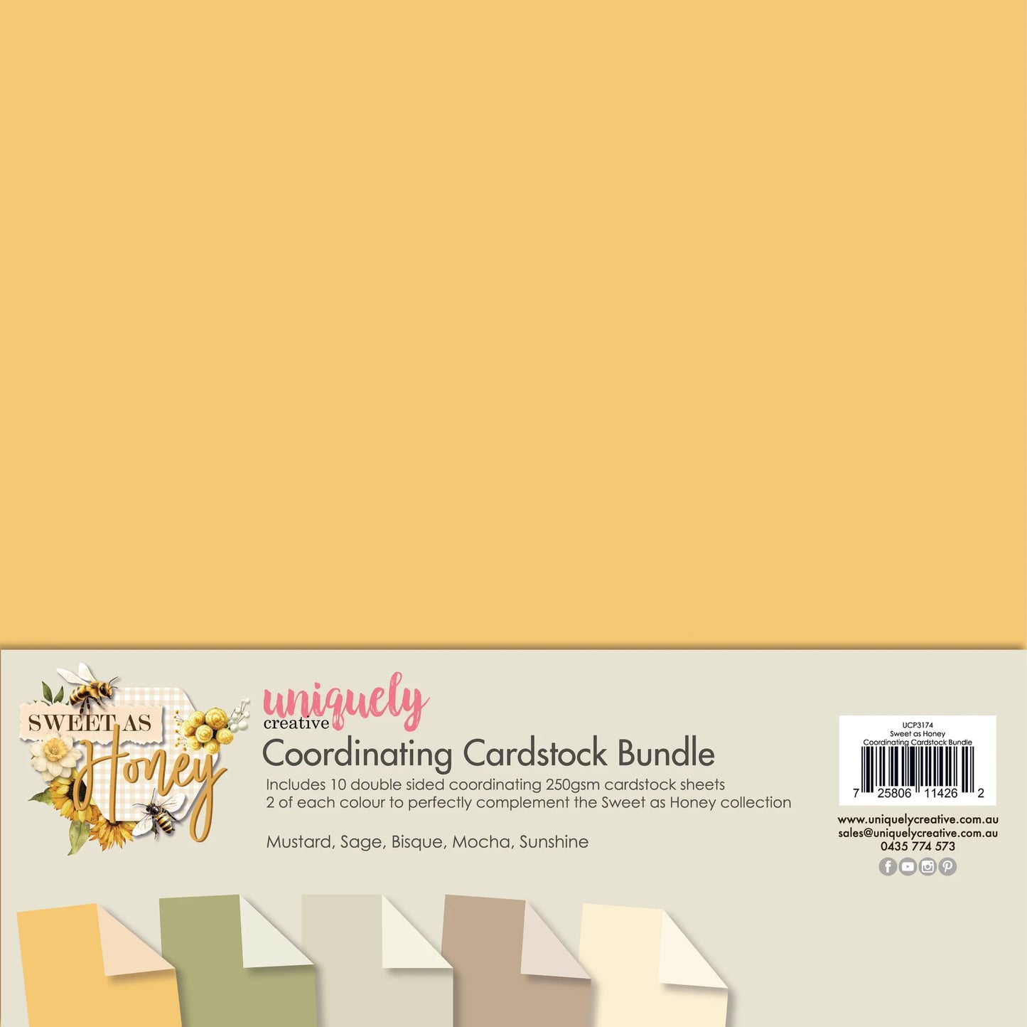 yellow cardstock with green, grey, and cream colored squares at bottom of package