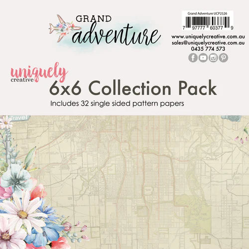 Grand Adventure' 6x6 Collection Pack by Uniquely Creative, showing a map pattern paper pack with floral watercolor accents in the corners.