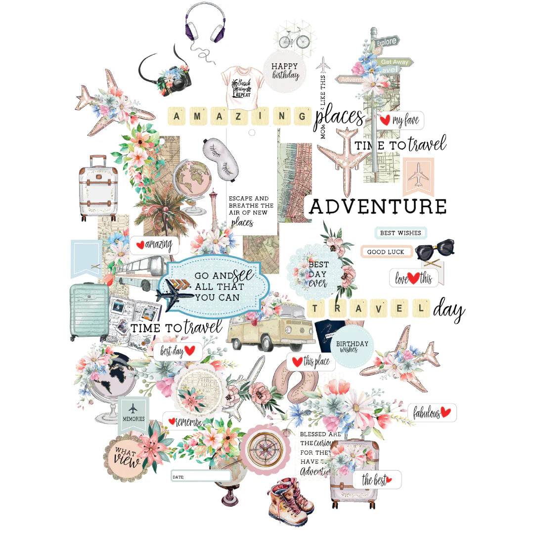 assorted die cuts of a plain, sentiments, van, luggage, boots, scattered on white background