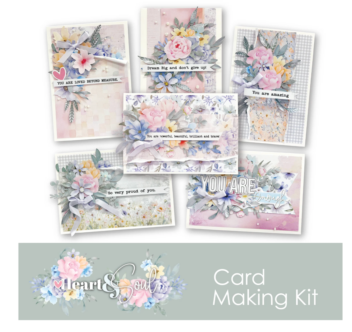 Card making kit with floral designs and encouraging text on a white background.