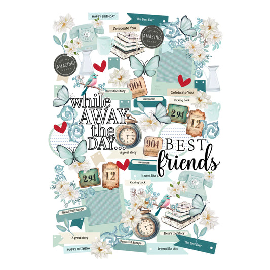 teal colored die cut butterflies, sentiments, and tickets scattered on white background