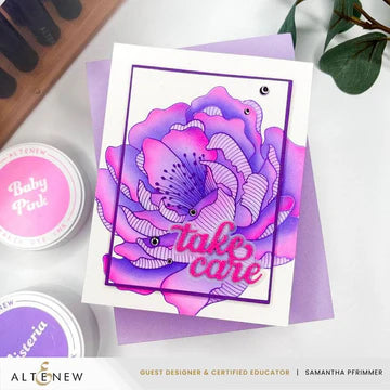 Card with purple floral design and 'take care' text on a white background with Altenew products.