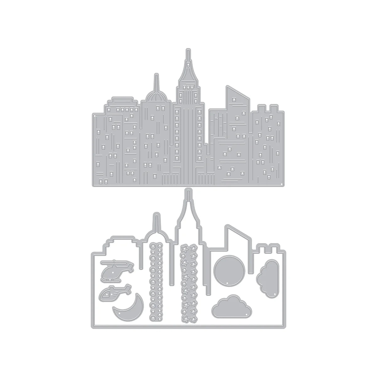 A gray metal die-cut featuring a stylized city skyline silhouette, shown in both front and back views on a plain white background.