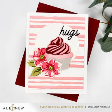 Card with cupcake and flowers design on a striped background, featuring the brand 'Altenew'.