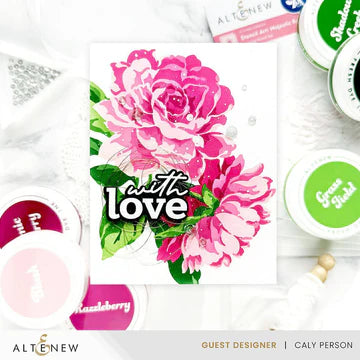 Card with pink flowers and 'with love' text, surrounded by Altenew products on a white background