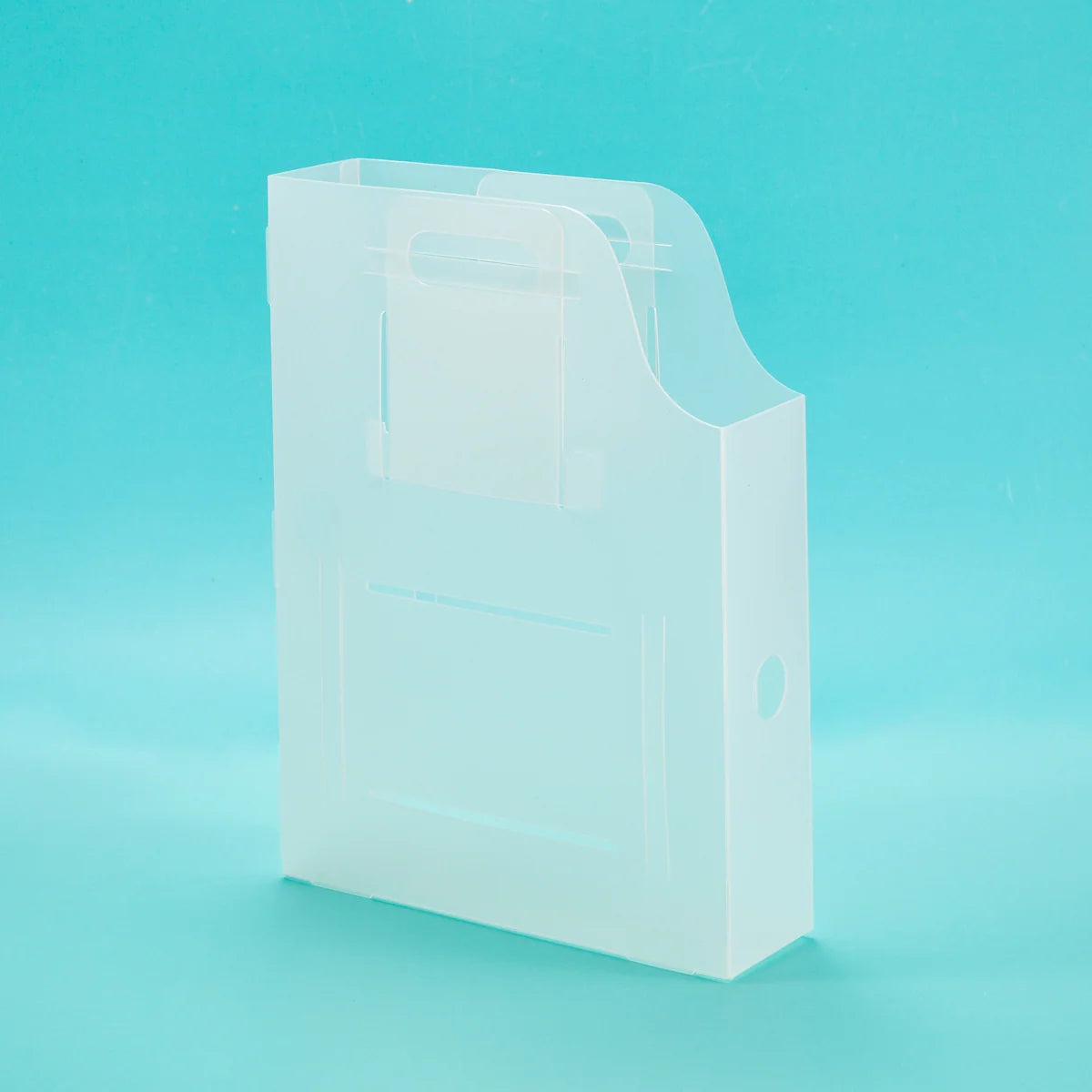 A translucent white plastic document holder or file organizer with a curved top slot, standing upright against a solid light blue background.