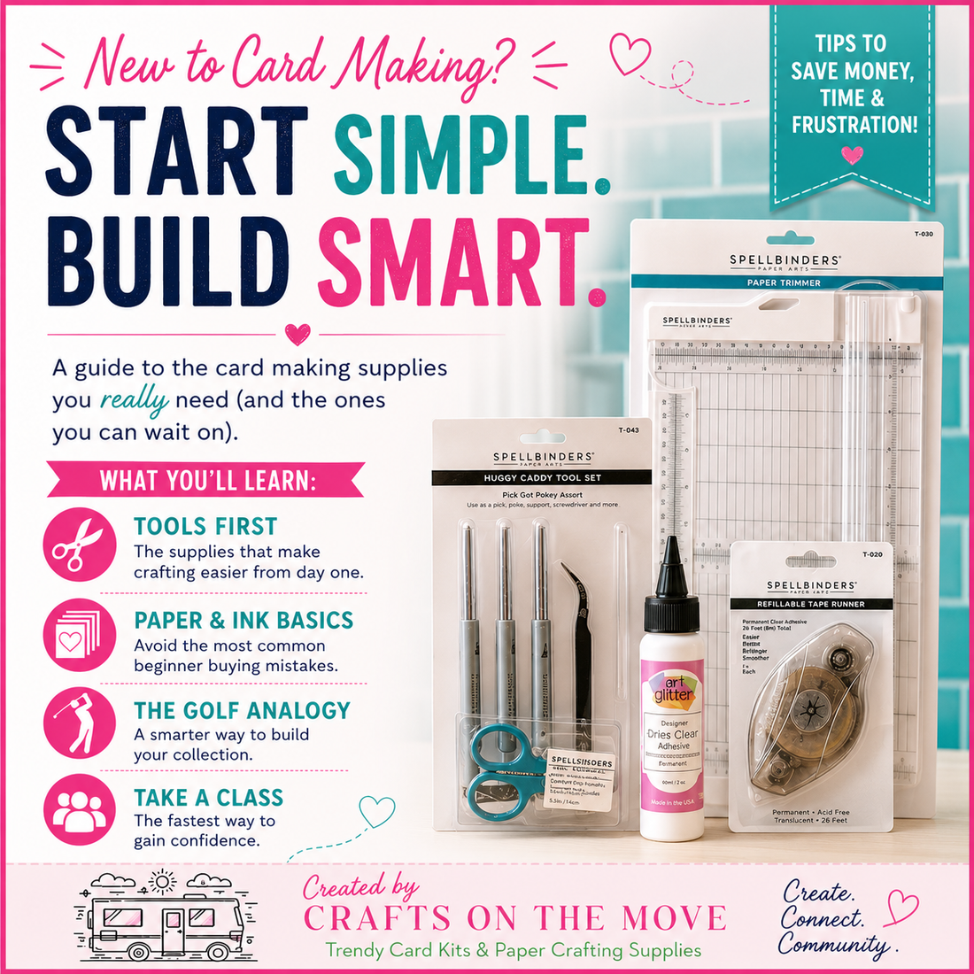 Beginner card making supplies including a Spellbinders paper trimmer, pick up tools, clear drying adhesive, and refillable tape runner — a guide to the card making supplies you really need
