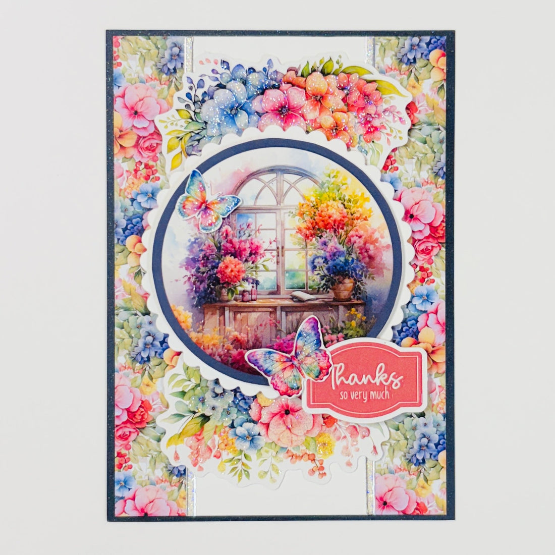 Rainbow Flower thank you Garden Card with bright rainbow colors and a butterfly