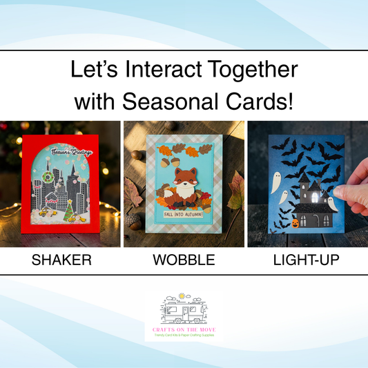three interactive card samples, NYC skyline christmas,fall fox with leaves, and haunted house with lighted window.