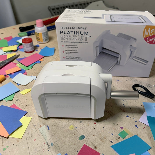 white paper die cutting machine on table with colored paper.