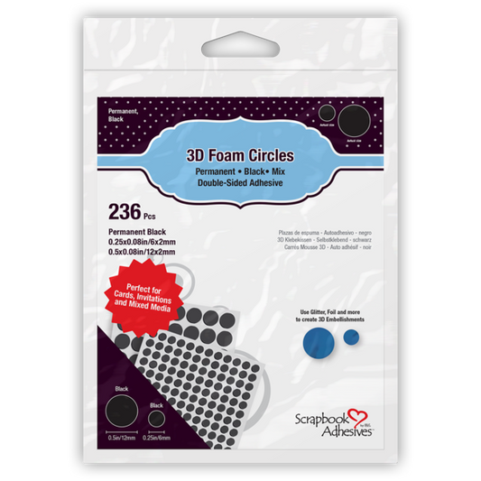 Package of 3D foam circles with black adhesive dots on a white background