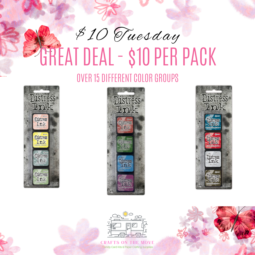 Promotional image of Distress Ink packs with a $10 Tuesday offer on a white background with pink flowers and butterflies.