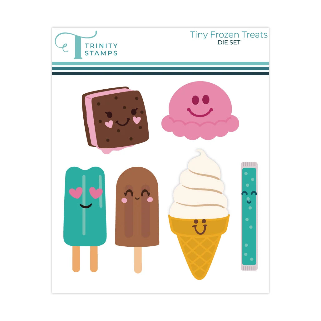 Trinity stamps tiny frozen treats die set packaging with colored images of an ice cream sandwich, scoop of ice cream, popsicle, and ice cream cone swirl