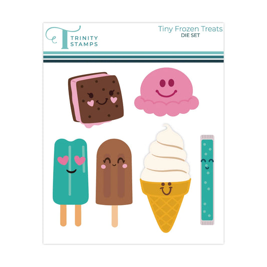 Trinity stamps tiny frozen treats die set packaging with colored images of an ice cream sandwich, scoop of ice cream, popsicle, and ice cream cone swirl