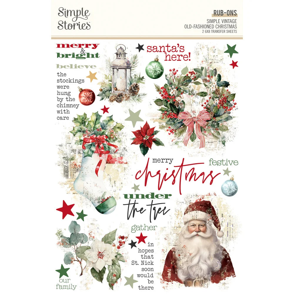 A sheet of Simple Stories 'Old Fashioned Christmas' rub-on transfer stickers, featuring vintage-style illustrations of Santa Claus, holly, poinsettias, ornaments, and festive text on a cream background.