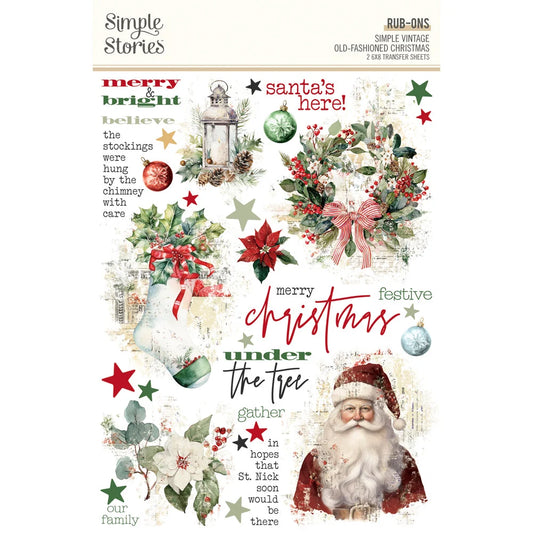 A sheet of Simple Stories 'Old Fashioned Christmas' rub-on transfer stickers, featuring vintage-style illustrations of Santa Claus, holly, poinsettias, ornaments, and festive text on a cream background.