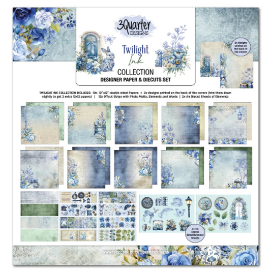 Designer paper and diecuts set with floral and architectural designs, featuring 3Quarter Designs Twilight Ink Collection.