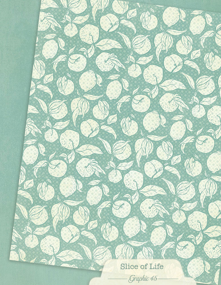 Patterned paper with white fruit design on a teal background, featuring 'Slice of Life' branding.