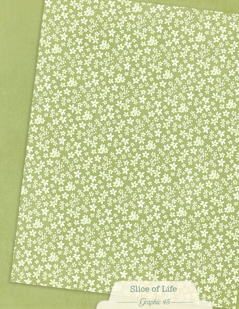 Floral patterned paper with 'Slice of Life' branding on a green background
