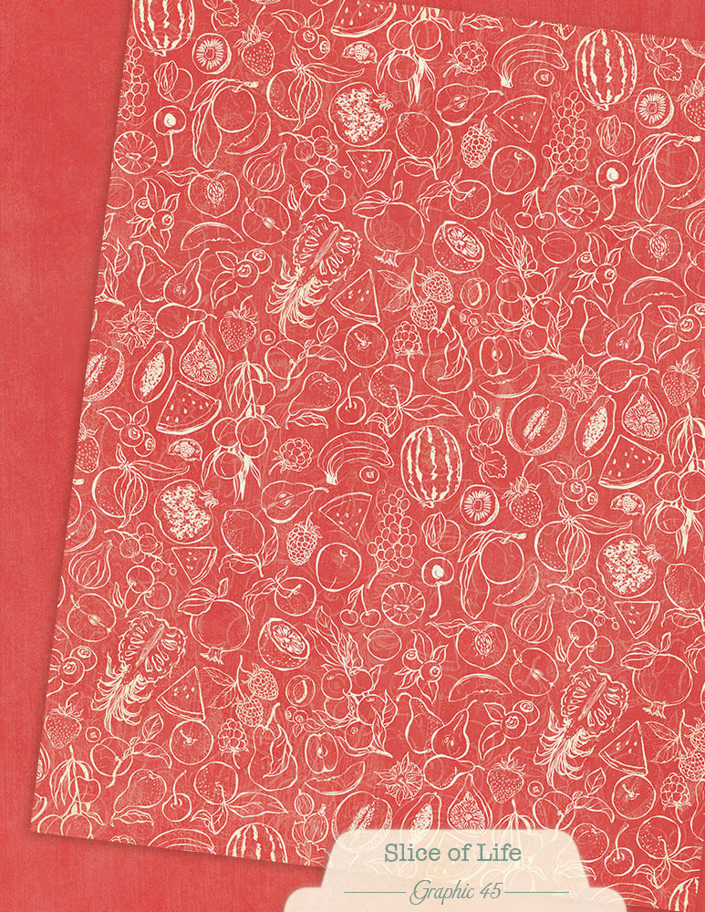 patterned paper with fruit and vegetable pattern on red with off white fruit images