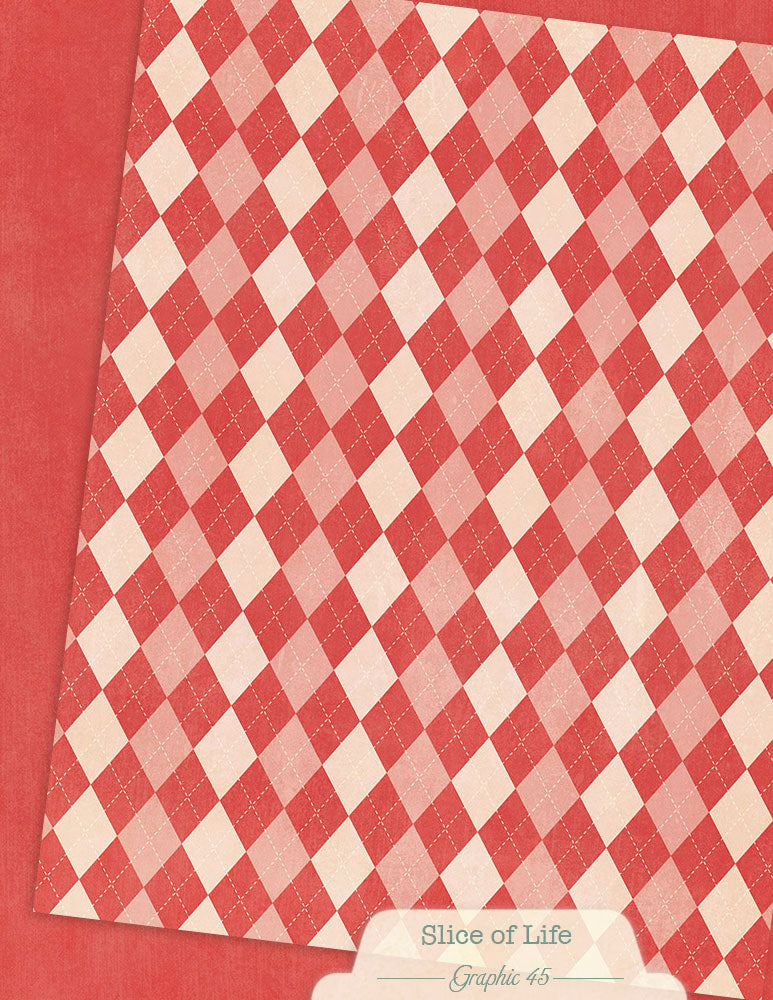 Red and white checkered pattern paper on a red background with 'Slice of Life' branding.