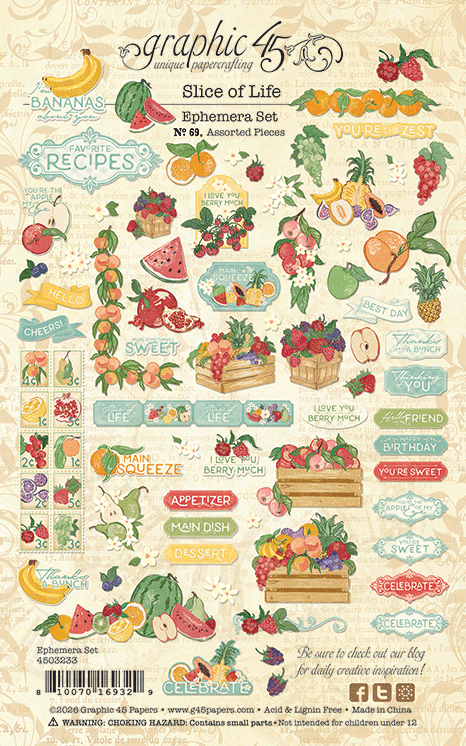 graphic 45 slice of life ephemera set back of packaging with image of all elements