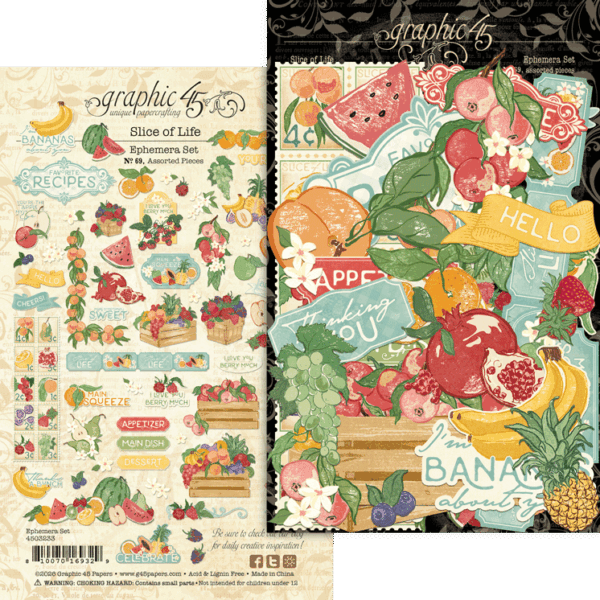 Two packages of decorative ephemera with fruit-themed designs and text, featuring the brand 'Graphic 45'.