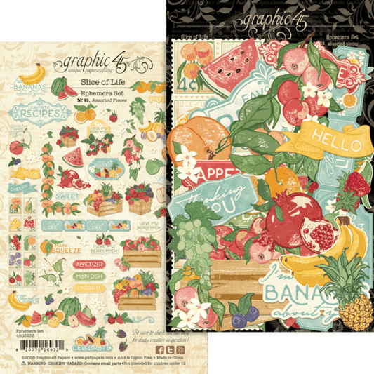 Two packages of decorative ephemera with fruit-themed designs and text, featuring the brand 'Graphic 45'.